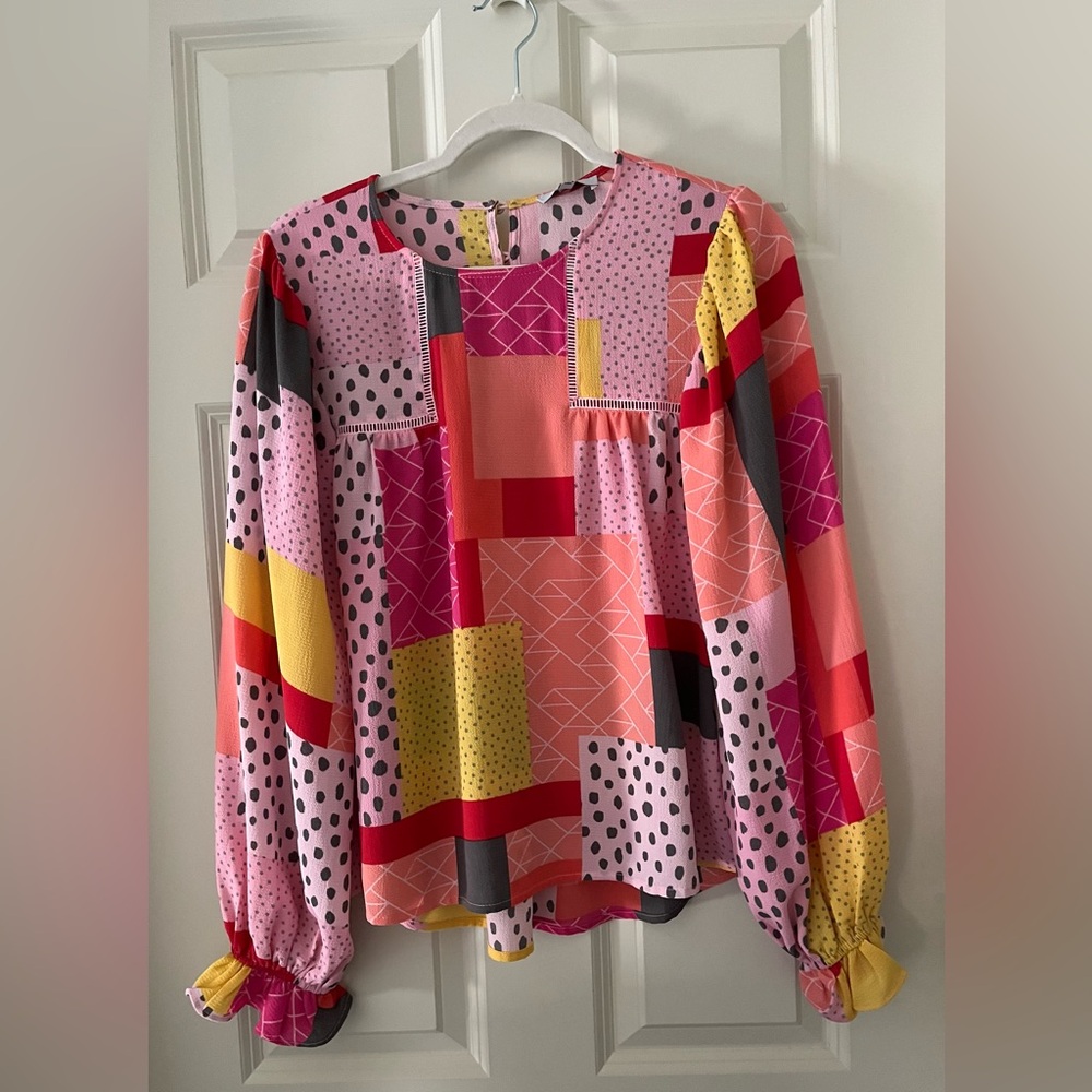 Fate Bishop Sleeve Patchwork Pattern Blouse Geome… - image 1